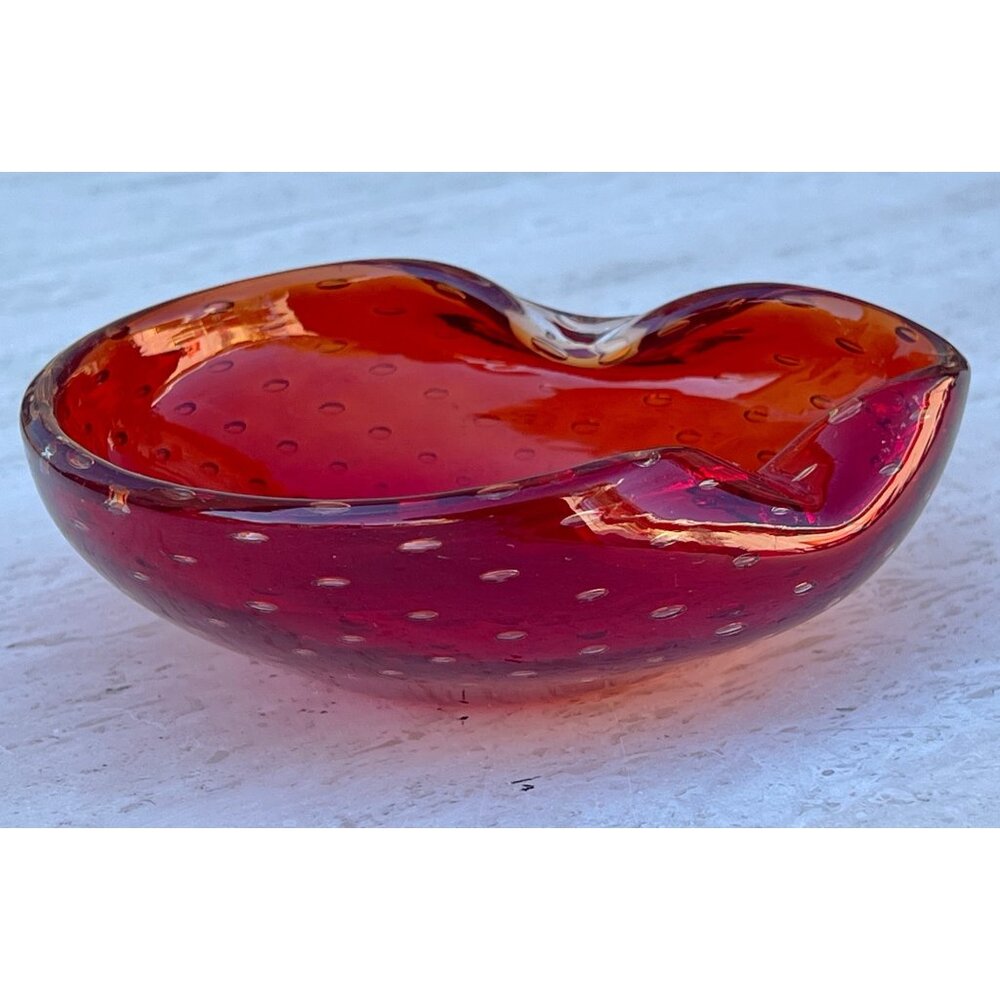 Murano Blown Glass Bowl With Bucillante Bubbles Red 6.25"x5.75"x2.25" Italy Gift
